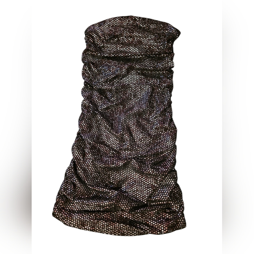 Express Black Printed Metallic Sequin Strapless Mini Dress